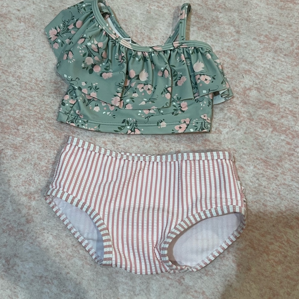 Ruffle Butts Green Floral and Pink Striped Swimsuit
